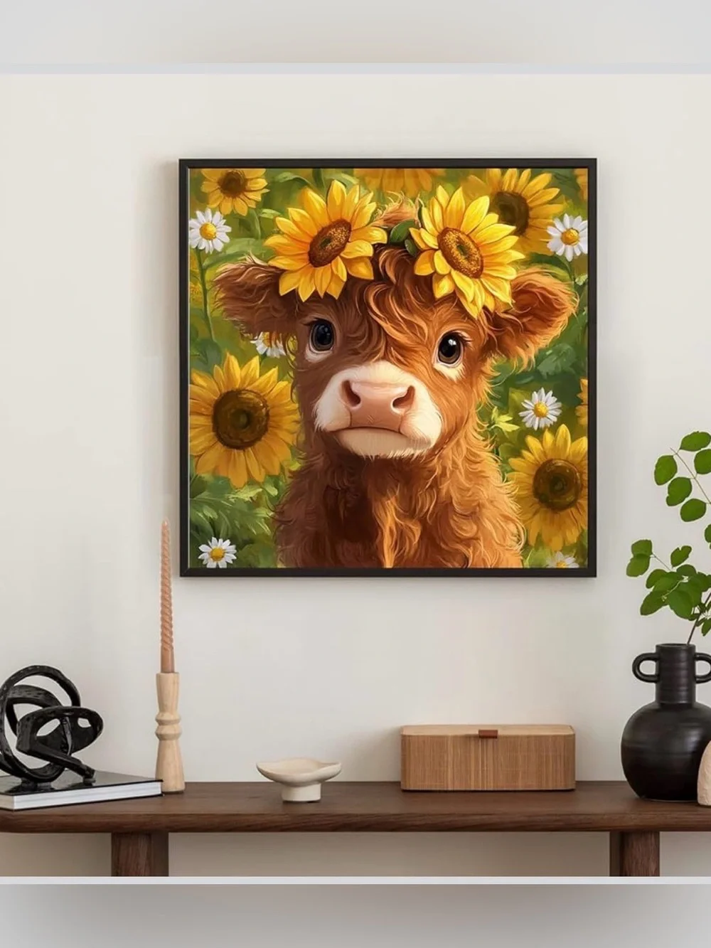 Diamond Art Kit - Calf with Sunflowers, approx. 11.8 x 11.8 Canvas, round